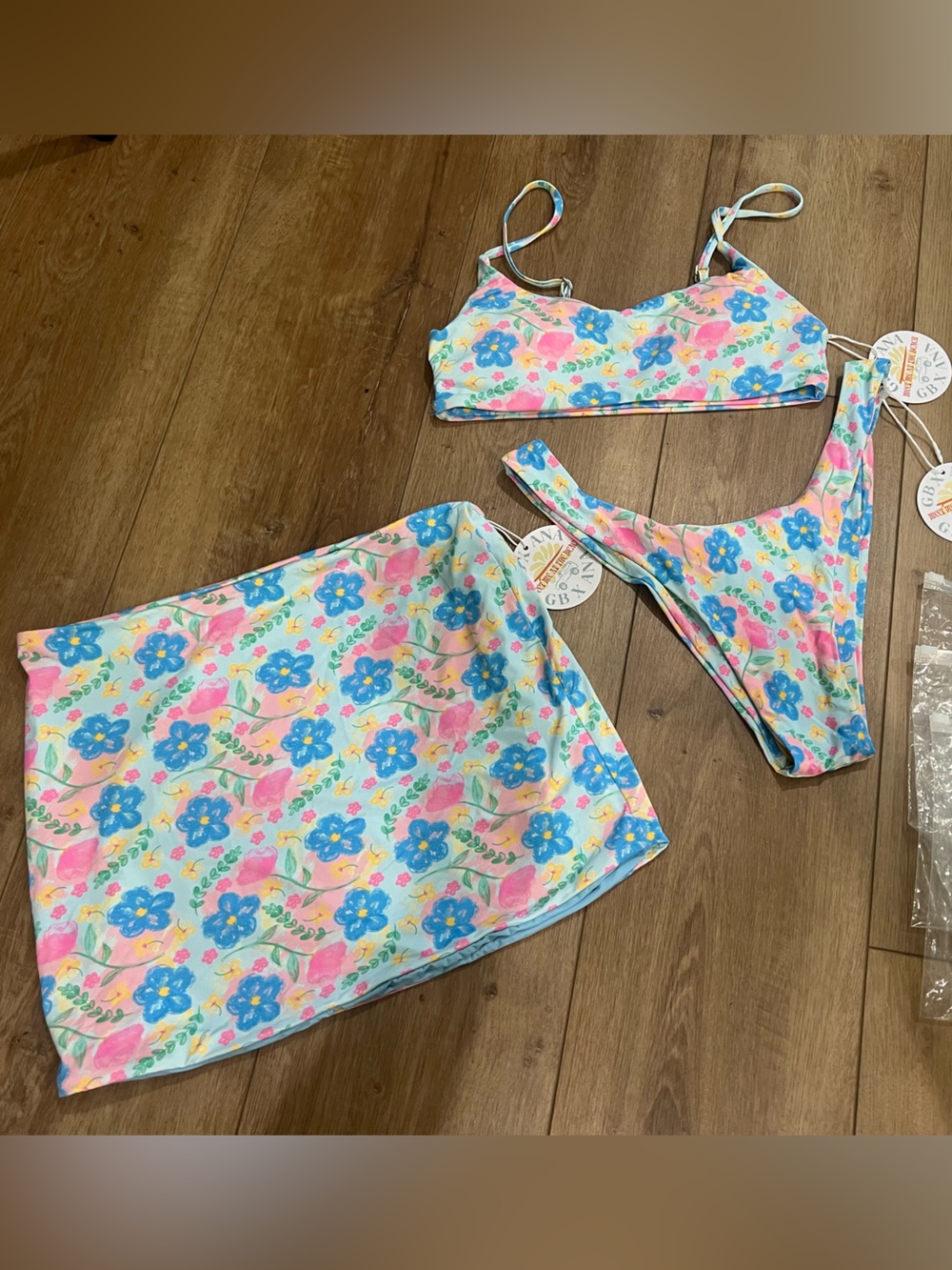 NWT Grey Bandit Bikini Set with Cover-Up Skirt - Blue & Pink Floral M/L